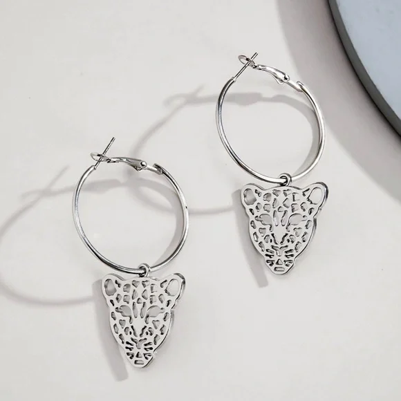 Any 3/$25! Silver Hoops w/Laser Cut Tiger Pendant Earrings - Picture 3 of 7
